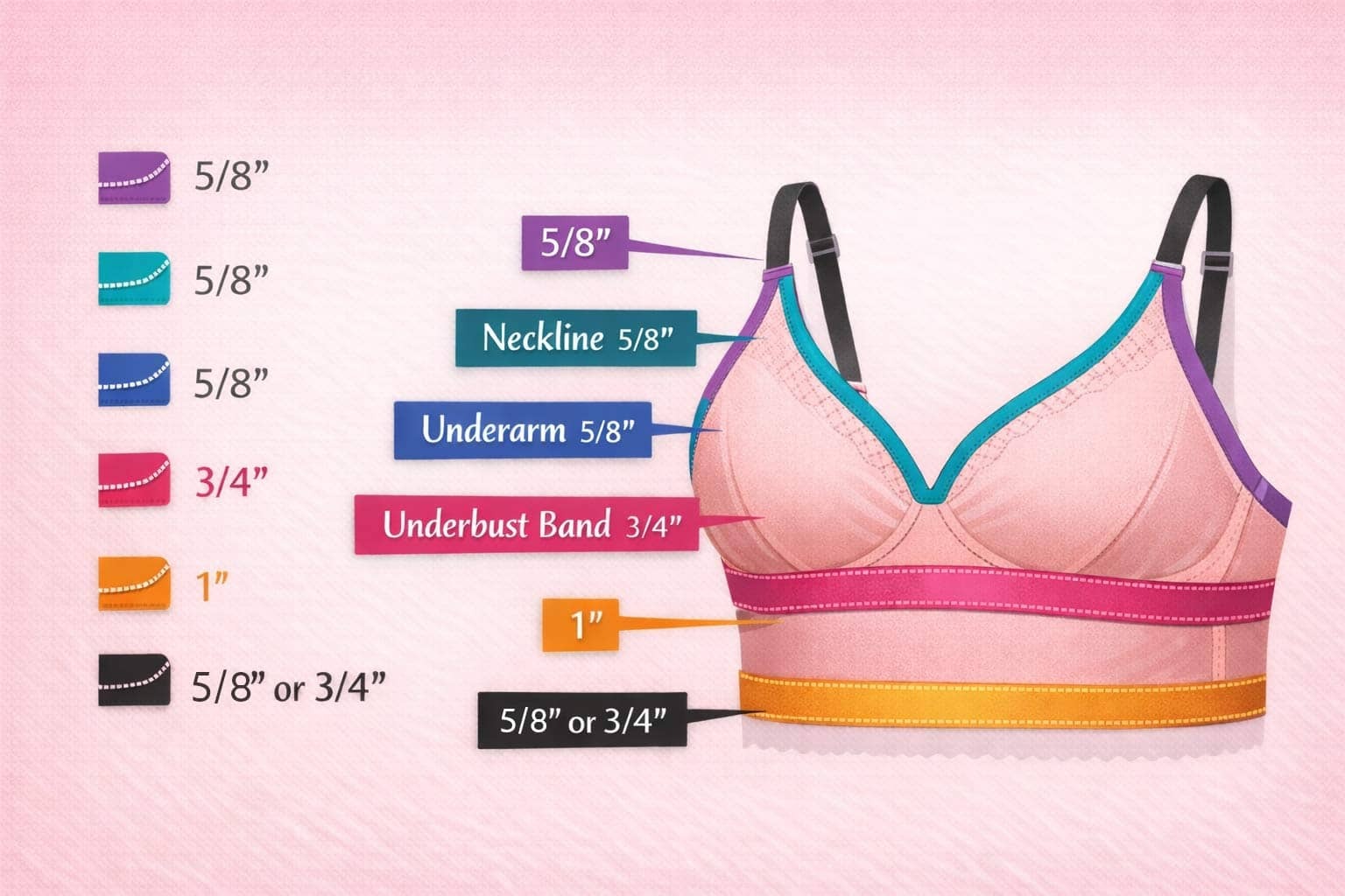 Bralette diagram showing where different widths of fold over elastic are used