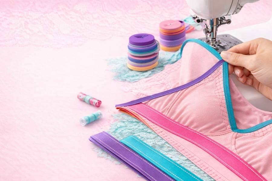 Fold over elastic being sewn onto a handmade bralette